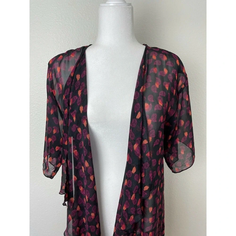 Lularoe Monroe kimono Sz S multi color‎ with black fringe Coverup Beach